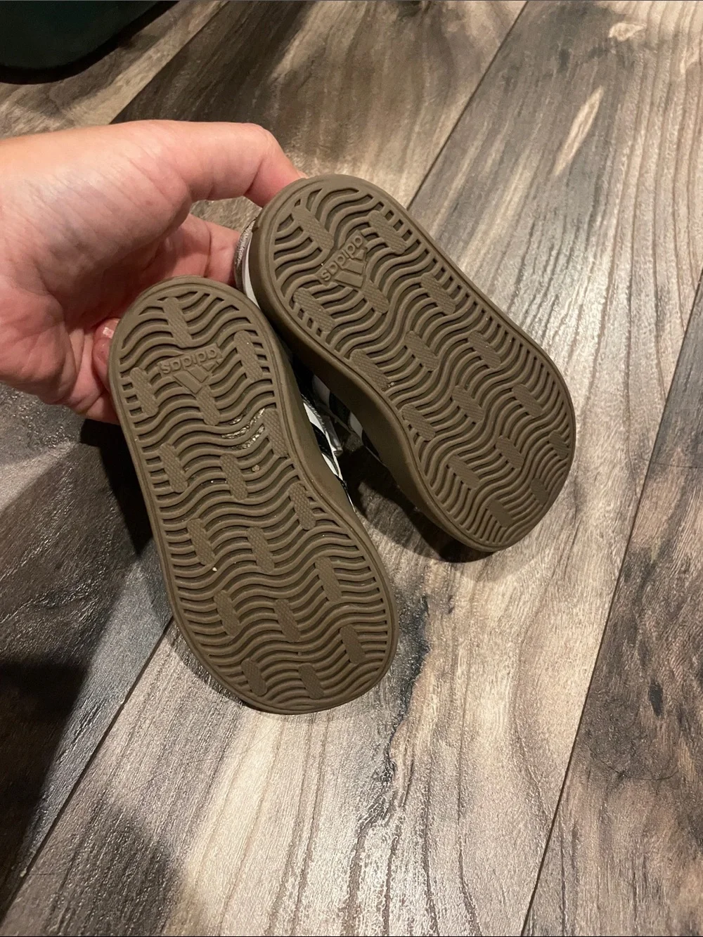 adidas Kids White Sneakers with Black Stripes and Brown Sole